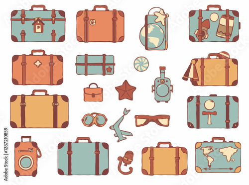 Vintage suitcases collection with 15 retro travel icons and souvenirs. Nostalgic luggage and travel memorabilia.
