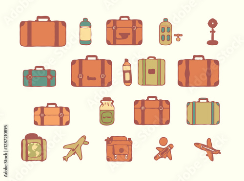 Vintage suitcases collection with 15 retro travel icons and souvenirs. Nostalgic luggage and travel memorabilia.