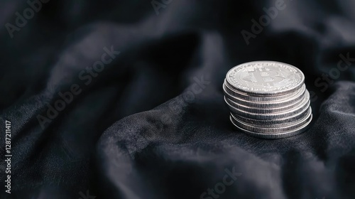 Stack of silver coins on dark fabric. Close-up. Possible use Financial concepts, investment, or business photo