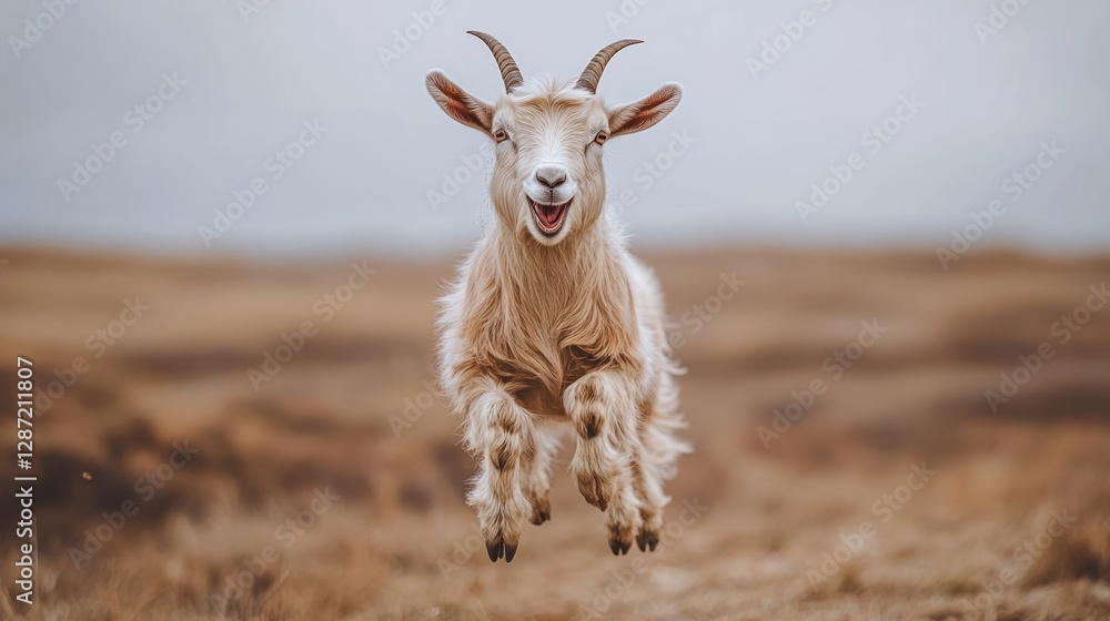 Obraz premium Jumping Goat in Field, Autumn Landscape