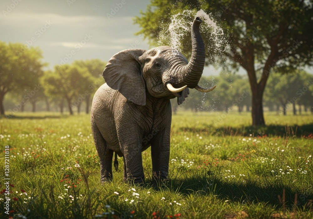 Obraz premium Playful elephant spraying water in sunny landscape with lush greenery