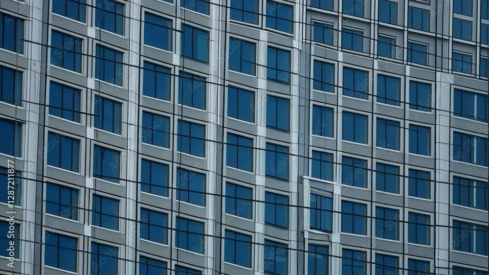 Architectural Facade of Modern Building with Blue Windows and Geometric Design under Bright Daylight