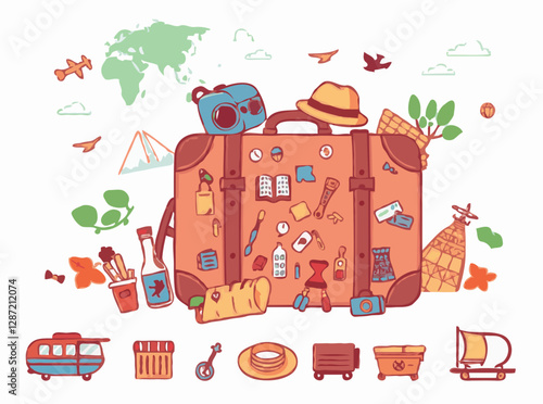 Illustrated travel luggage with 15 adventure icons and souvenirs. Explore the world with vector graphics.