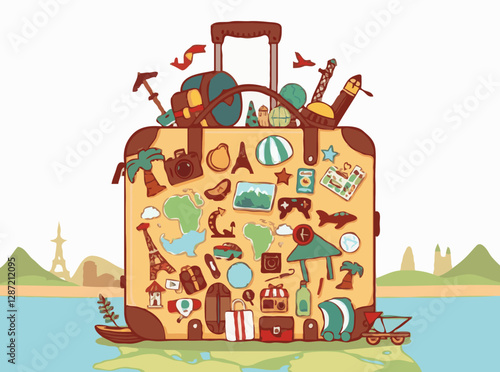 Illustrated travel luggage with 15 adventure icons and souvenirs. Explore the world with vector graphics.