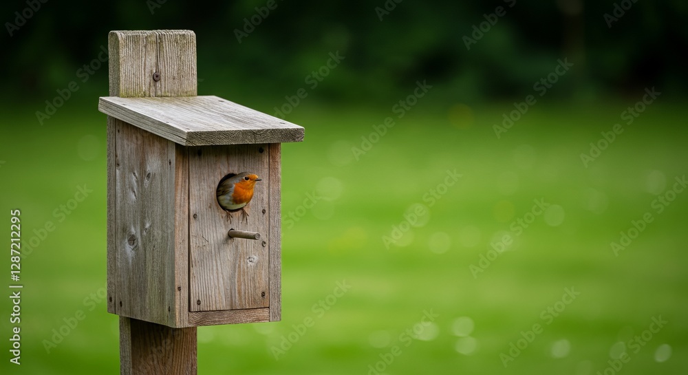 Wooden birdhouse with robin in lush green garden setting Wooden birdhouse with robin in lush green garden setting