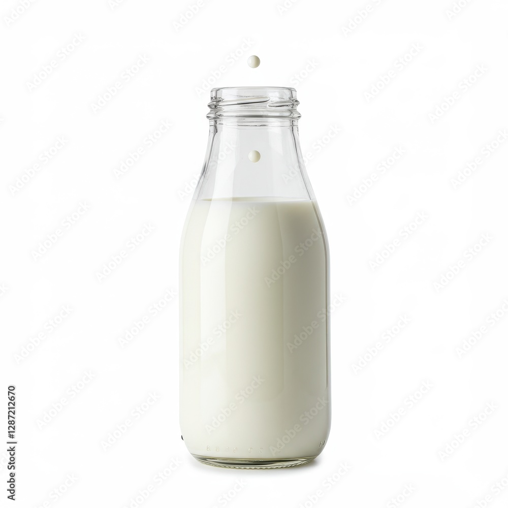 Fresh milk droplet falling into full glass bottle isolated on white background Fresh milk droplet falling into full glass bottle isolated on white background