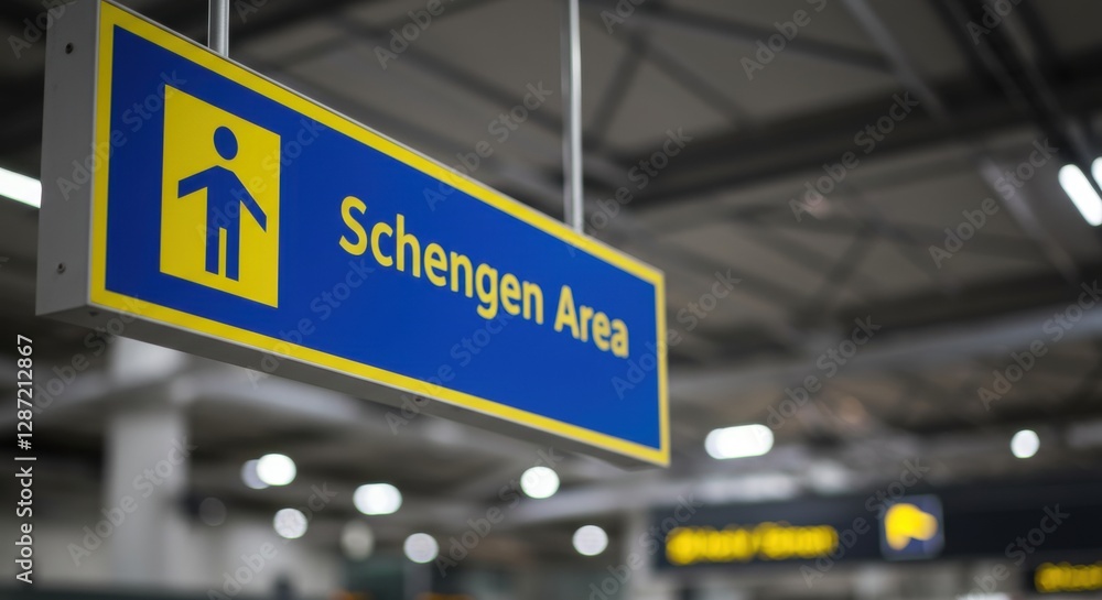 Fototapeta premium Schengen area airport sign with yellow symbol in modern terminal setting
