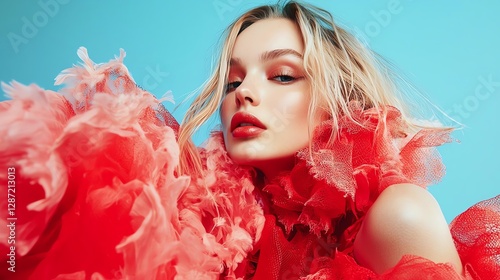 A vibrant portrait of a woman in a striking red outfit with a bold expression.