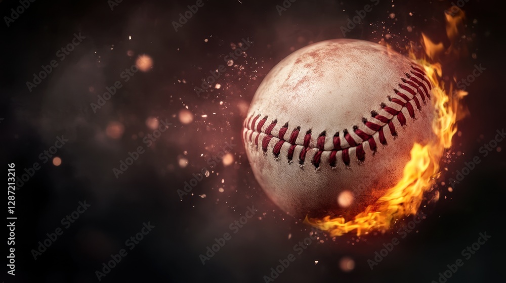 A baseball engulfed in flames, illustrating dynamic motion and intensity, set against a dark, smoky background. A baseball engulfed in flames, illustrating dynamic motion and intensity, set against a dark, smoky background.