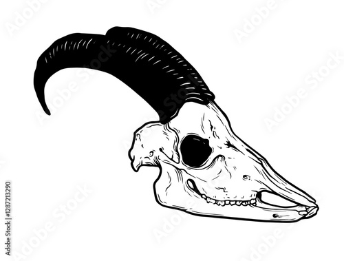 Goat Skull Digital Hand Drawn Line art Sketch Vector illustration in Retro Engraving Style. High Detailed Vintage Vector Illustration. Dramatic and detailed artwork of a black-horned goat skull. 
