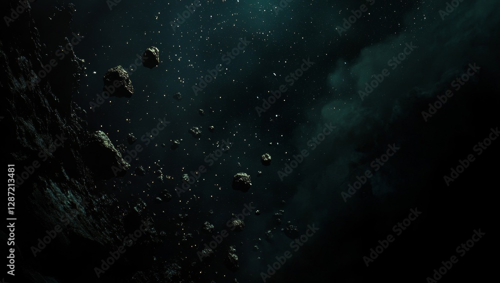 Fototapeta premium Asteroid field, space debris, nebula background, cosmic dust, science fiction backdrop