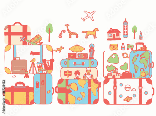 Travel-themed suitcases with 15 adventure icons and souvenirs. Colorful vector illustration for travel enthusiasts.