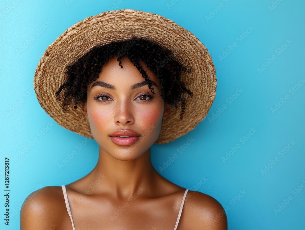 Confident Woman with Natural Beauty Posing Against a Bright Blue Background in a Stylish Hat Confident Woman with Natural Beauty Posing Against a Bright Blue Background in a Stylish Hat