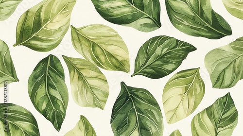 An artistic illustration of various green leaves on a soft background.