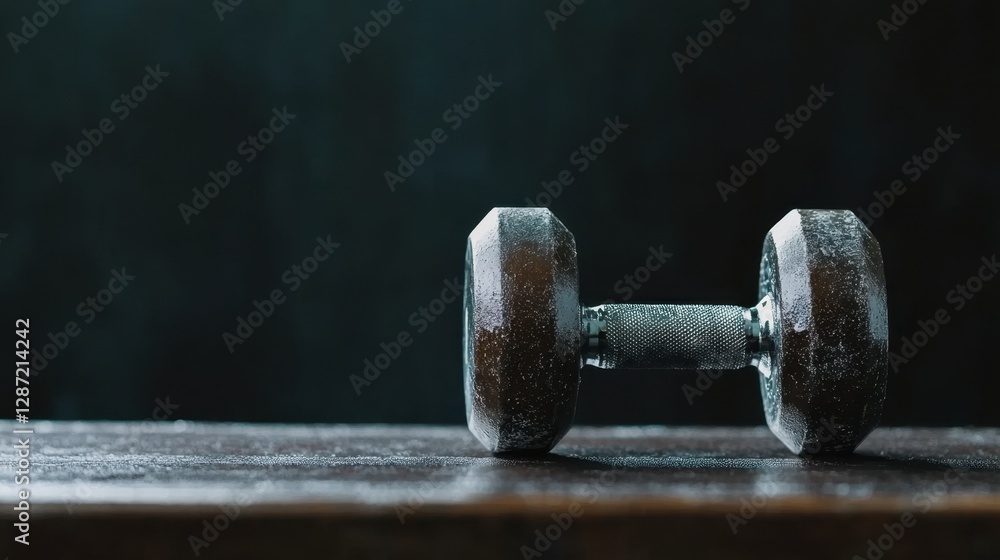 A single black dumbbell rests on a wooden surface, illuminated against a dark background, suggesting fitness and strength training. A single black dumbbell rests on a wooden surface, illuminated against a dark background, suggesting fitness and strength training.
