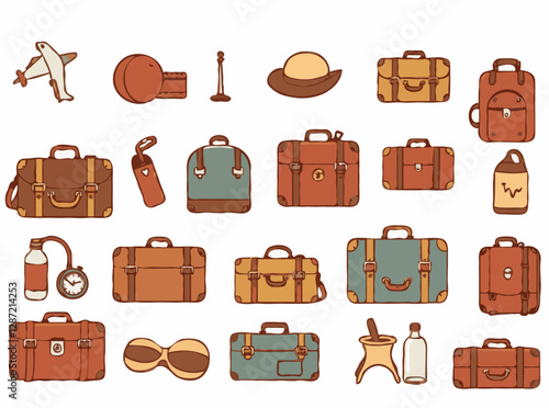 Vintage luggage collection with 15 icons of travel essentials and souvenirs