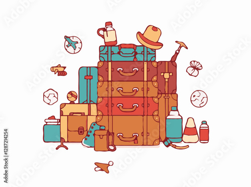 Vintage luggage collection with 15 icons of travel essentials and souvenirs
