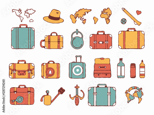 Vintage luggage collection with 15 icons of travel essentials and souvenirs