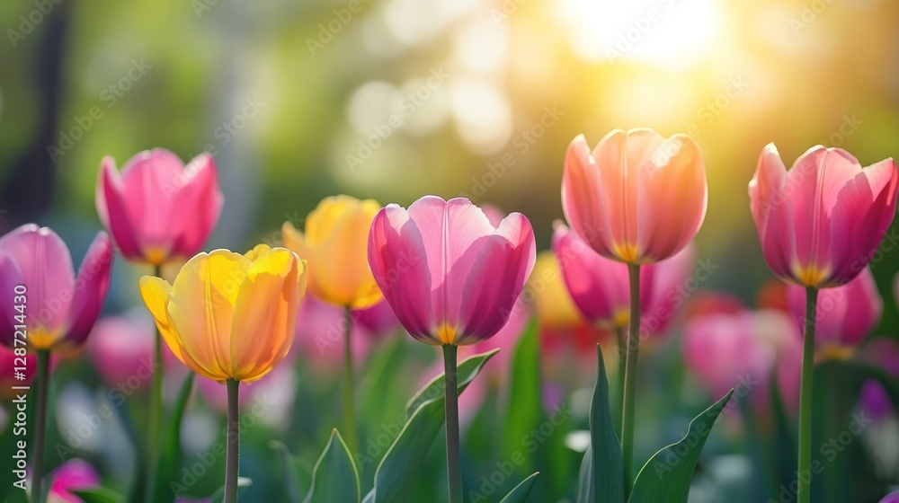 Sunlit tulips blooming in garden, spring background, greeting card Sunlit tulips blooming in garden, spring background, greeting card