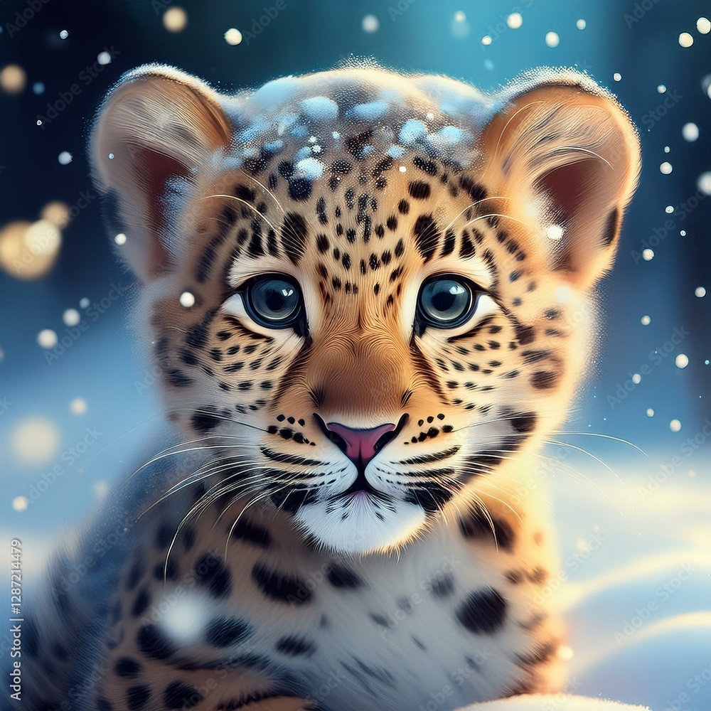 Fototapeta premium Leopardenbaby in einer Winterlandschaft