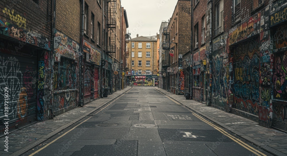 Fototapeta premium Urban alleyway graffiti art street scene with vibrant murals in city setting