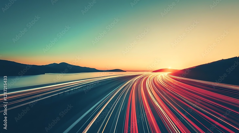Obraz premium Streaks of light on a road under a beautiful sunset, showcasing motion and tranquility.