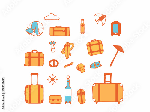 Illustrated luggage set featuring 15 icons of travel symbols and souvenirs