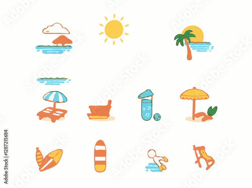 Illustrated luggage set featuring 15 icons of travel symbols and souvenirs