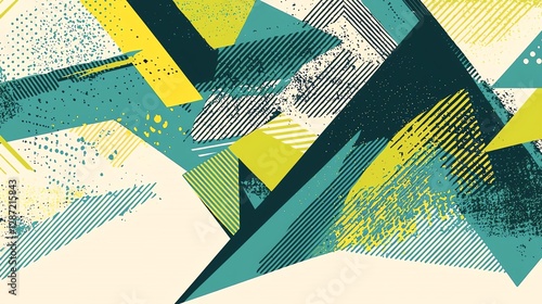 Vibrant abstract shapes and patterns in green, yellow, and blue create a dynamic visual.