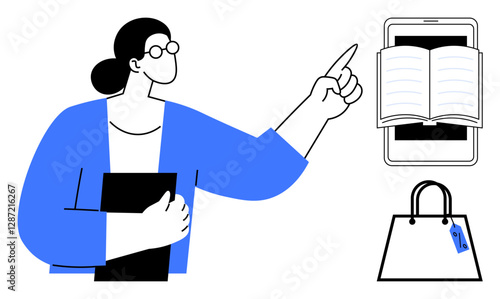 Woman pointing at an open book on a smartphone screen, holding a document folder, price-tagged shopping bag nearby. Ideal for e-learning, digital libraries, online shopping, education, technology