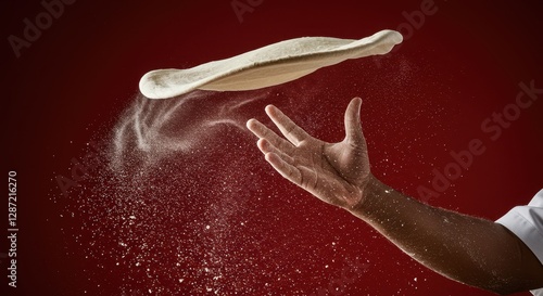 Chef tossing pizza dough with flour against dramatic red background