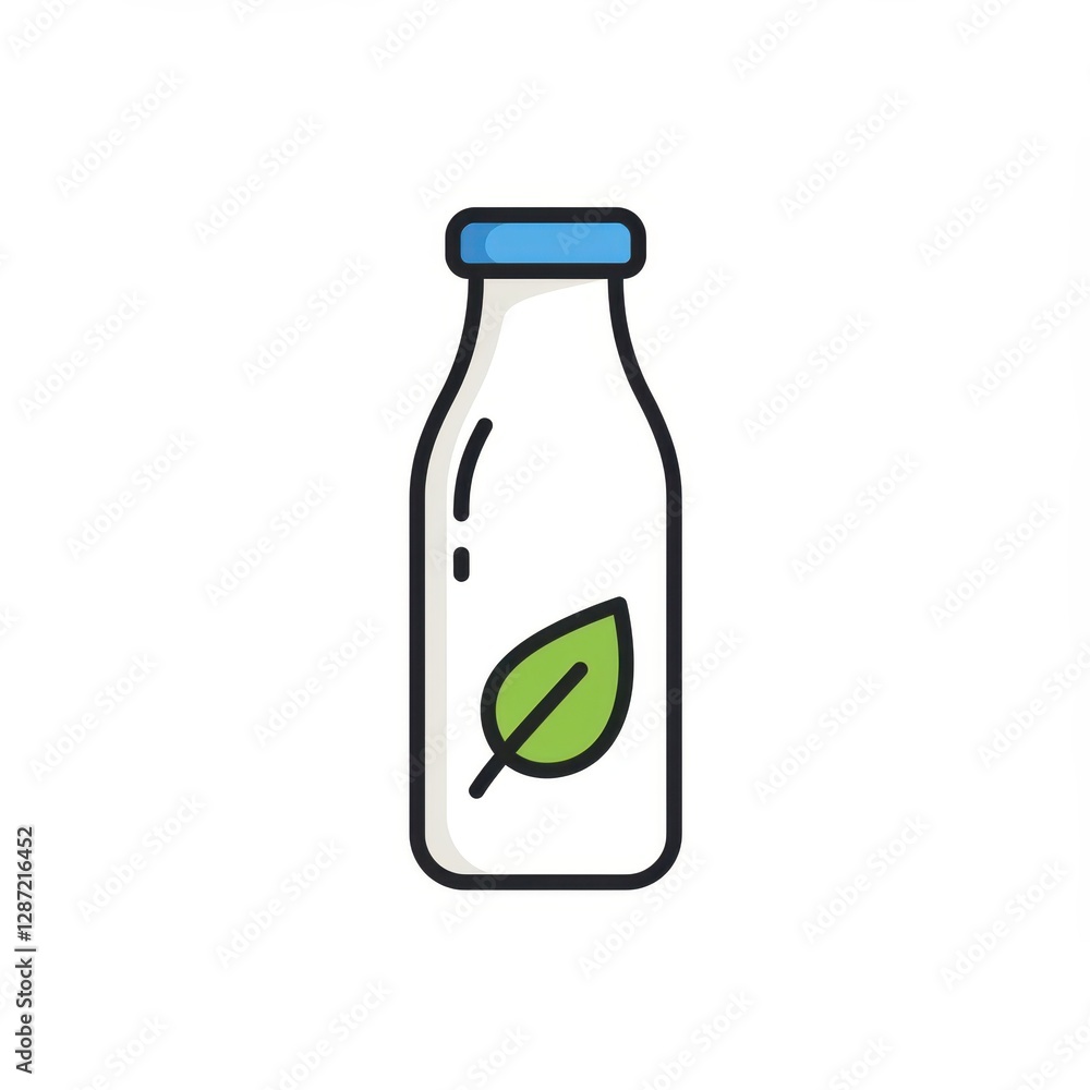 Eco-friendly milk bottle with green leaf symbol on minimalist white background Eco-friendly milk bottle with green leaf symbol on minimalist white background
