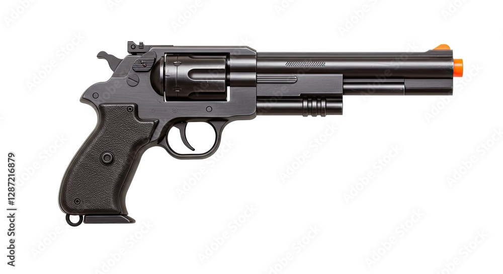 Toy Revolver Gun Prop in Black and Orange on White Background Toy Revolver Gun Prop in Black and Orange on White Background
