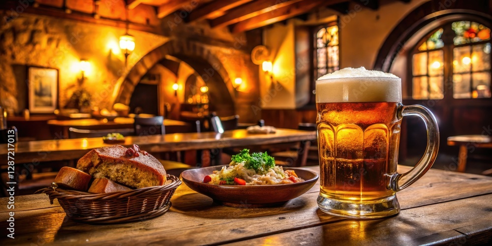 Fototapeta premium Immerse yourself in Czech pub culture: macro shots of hearty food and frothy beer.