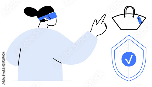 Woman using a virtual reality headset, pointing at a shopping bag and security shield with tick. Ideal for augmented reality, online shopping, user safety, security, technology trends, futuristic