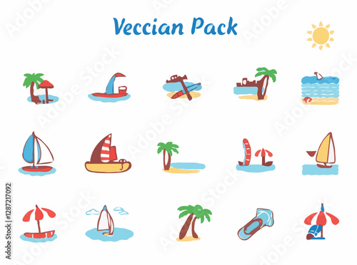 Modern luggage design with 15 icons of travel essentials and souvenirs