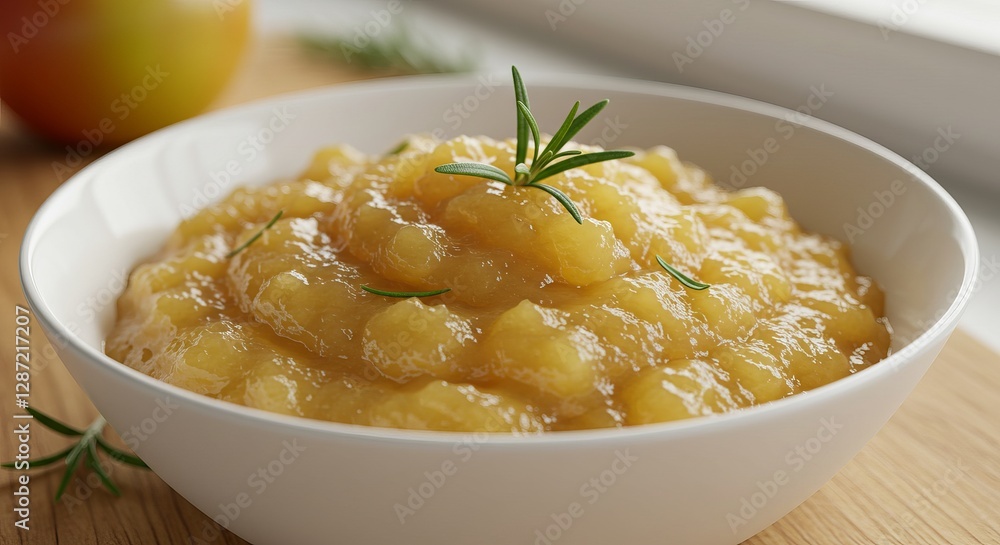 Fresh homemade applesauce in white bowl with rosemary garnish on wooden surface Fresh homemade applesauce in white bowl with rosemary garnish on wooden surface