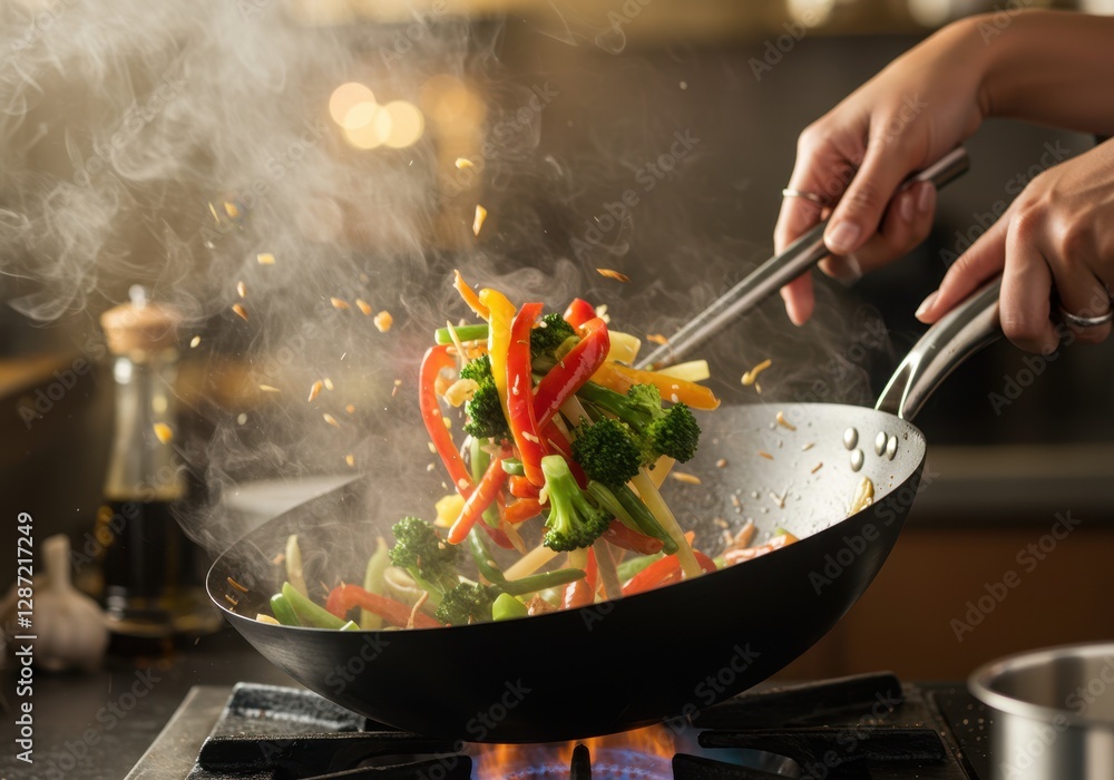 Chef tossing vibrant vegetables in wok over flames for delicious stir-fry Chef tossing vibrant vegetables in wok over flames for delicious stir-fry