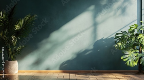 Sunlit Green Room with Tropical Plants and Wooden Floor