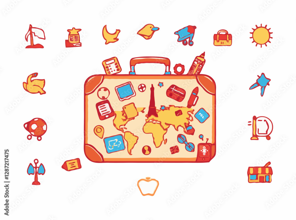 Travel suitcase adorned with 15 decorative icons of global souvenirs Travel suitcase adorned with 15 decorative icons of global souvenirs