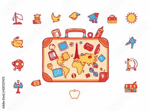 Travel suitcase adorned with 15 decorative icons of global souvenirs