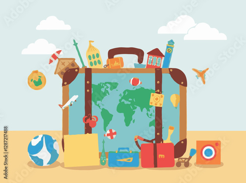 Travel suitcase adorned with 15 decorative icons of global souvenirs