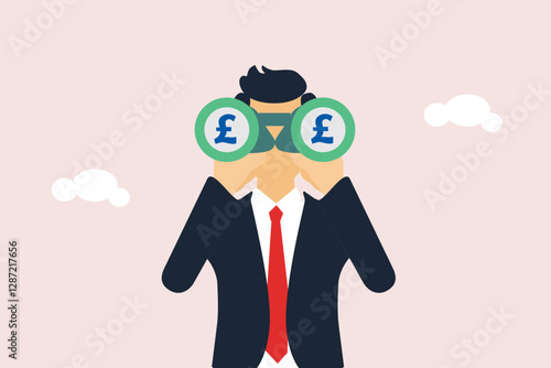 UK, United Kingdom economy forecast, financial or business visionary, England investment profit opportunity concept, businessman hiding behind large UK currency pound using binoculars to see future.