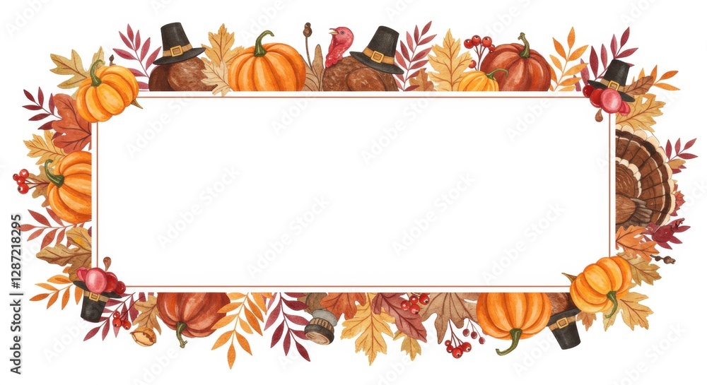 Fototapeta premium Thanksgiving border with pumpkins, turkeys, and autumn leaves