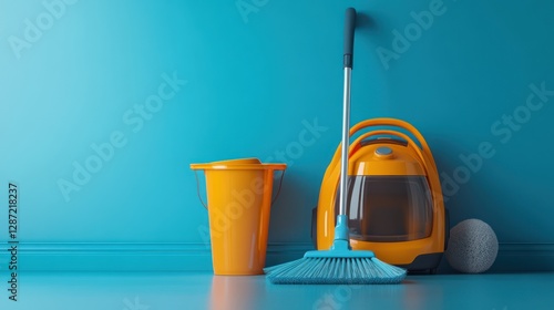 Teal room, orange vacuum, broom, bucket, cleaning