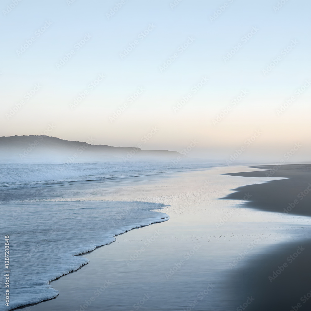 A misty beach at dawn with soft waves and the first light of day spreading across the water. A misty beach at dawn with soft waves and the first light of day spreading across the water.