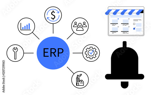 ERP system central node connected to finance, human resources, manufacturing, sales icons. Additional elements include a notification bell and an e-commerce storefront page. Ideal for business