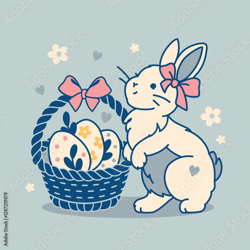 Charming Paschal basket with eggs in and a cute with bunny. Illustration for greeting cards, seasonal prints, children's books, and festive home décor