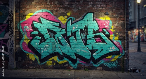 Vibrant urban street art graffiti on brick wall illuminated by night lights in alley