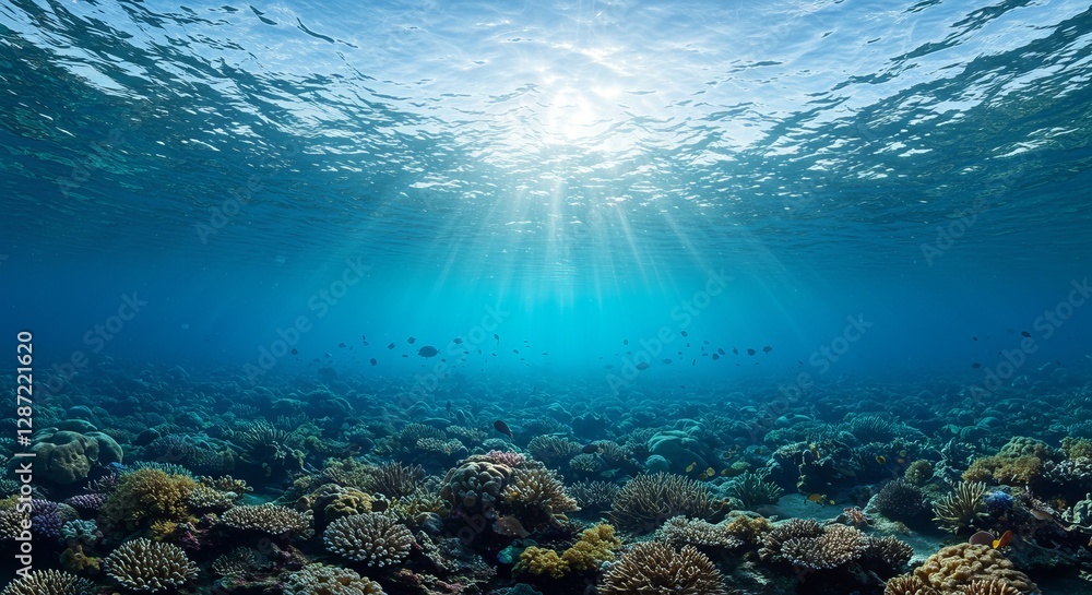 Obraz premium Vibrant coral reef under sunlit ocean water with diverse marine life